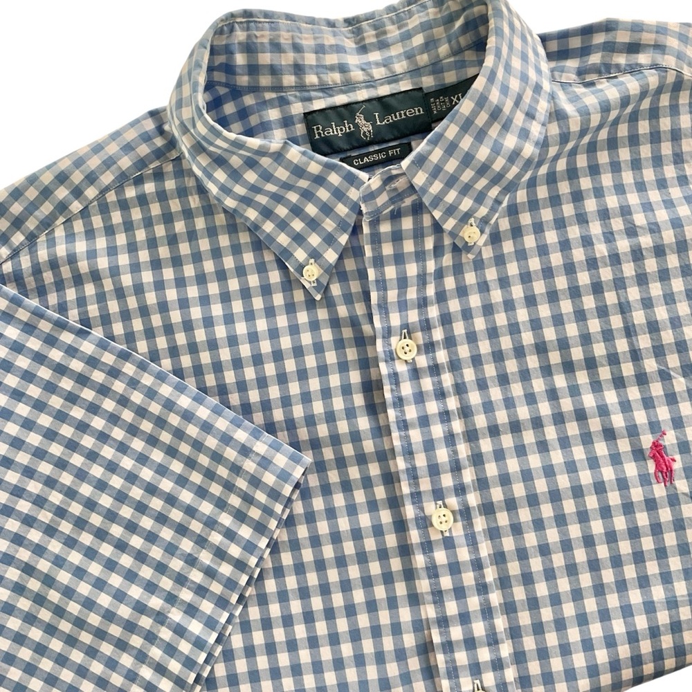 Ralph Lauren men’s shirt XL Blue gingham button-down short sleeve classic fit